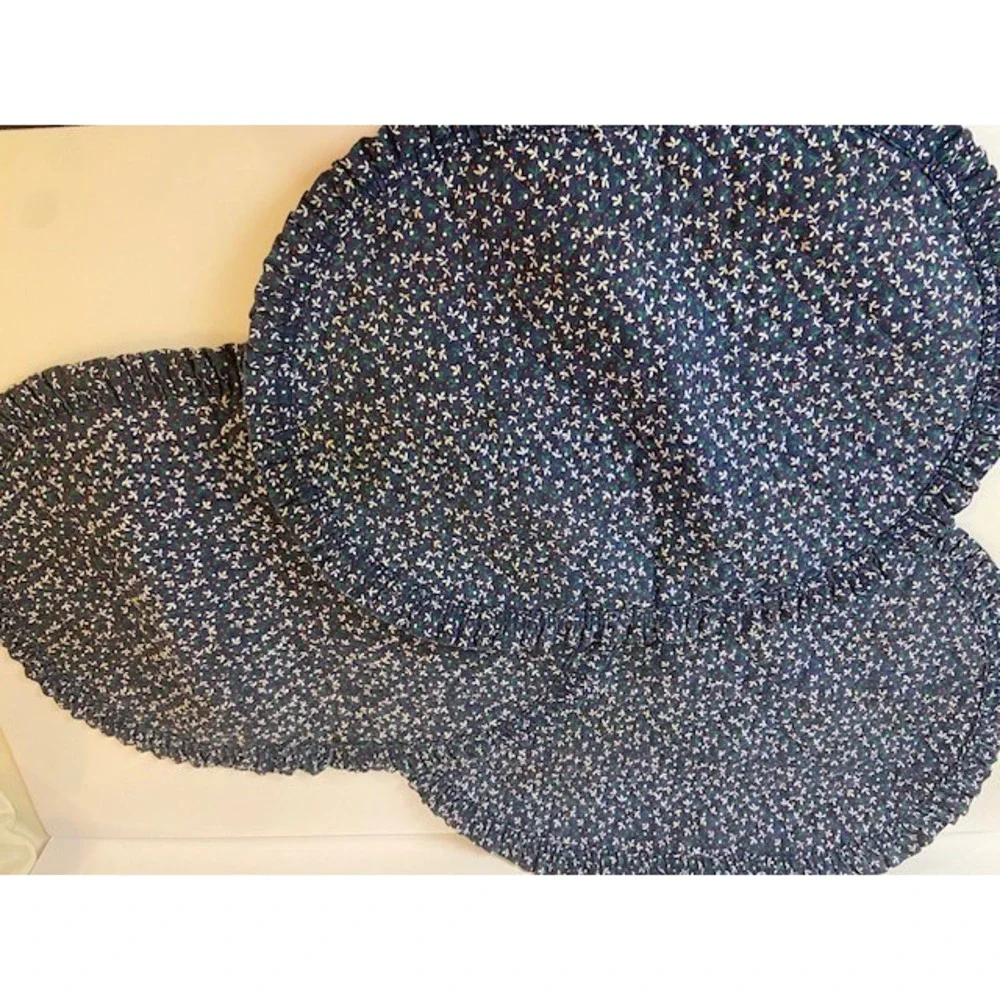 Vintage Navy Blue Calico Floral Quilted Ruffle Oval Placemats Set of 3 Cottage